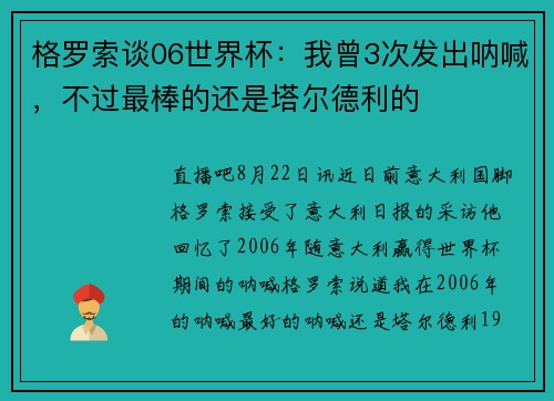 格罗索谈06世界杯：我曾3次发出呐喊，不过最棒的还是塔尔德利的